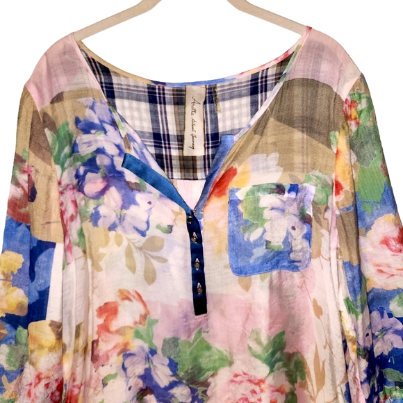 Anthropologie Arrata Silent Journey Multi Pattern Patchwork Silk Blend Top - Picture 3 of 9